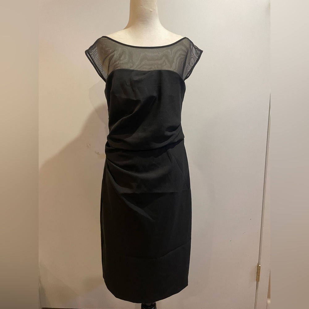 Vera Wang Black Midi Cocktail Dress with Sheer Neckline, Size 8